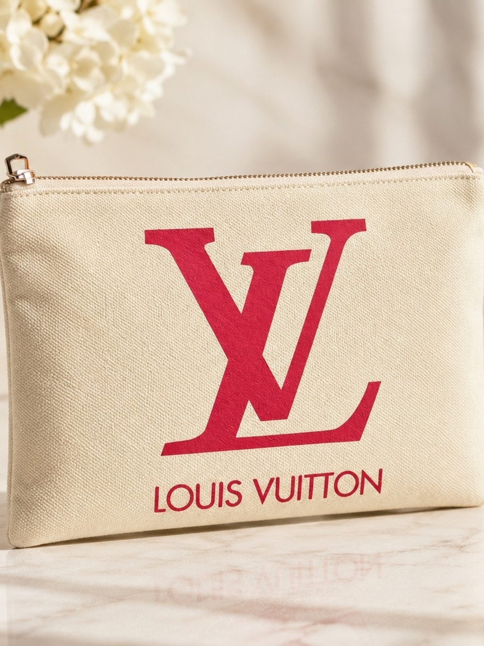 Cream Canvas Cosmetic Bag | 4.5" x 7" Zip Make-up Rasberry Logo